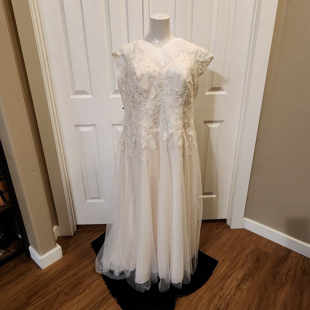 David Bridal Wedding Gown with Corset Tie Back Cream & Blush pink